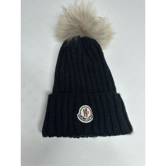 Moncler Wool Blend Beanie Hat Black Fur Pompon Logo One Size Adult - Picture 1 of 6
